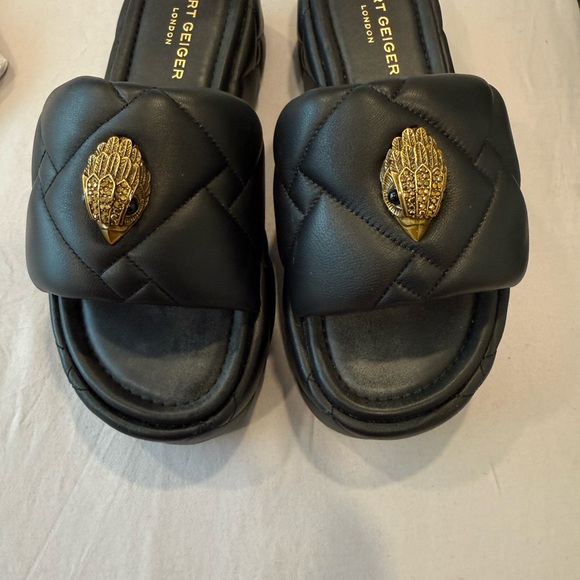 Kurt Geiger Shoes - Kurt Geiger Black Quilted Slide Sandals with Gold Bird Emblem